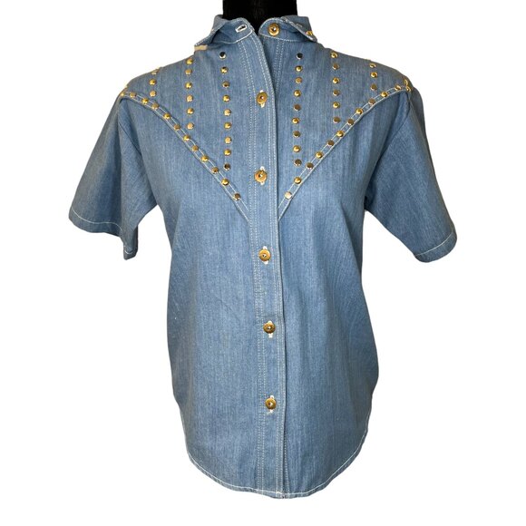 Petite Sophisticate Vintage 80s Studded Denim Structured Blouse Approx Size  S/M - Picture 1 of 9